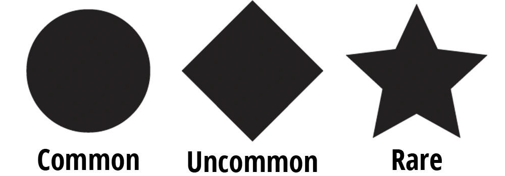 Common, Uncommon, Rare rarity symbols